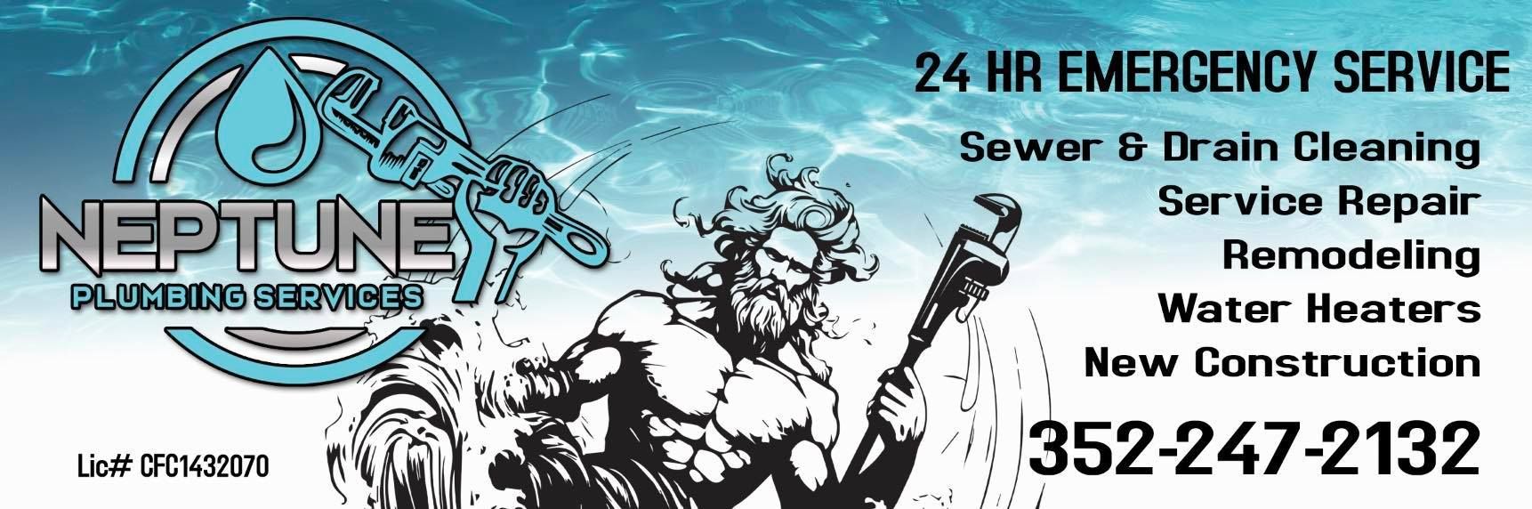 An advertisement for neptune plumbing repair shows a man holding a torch