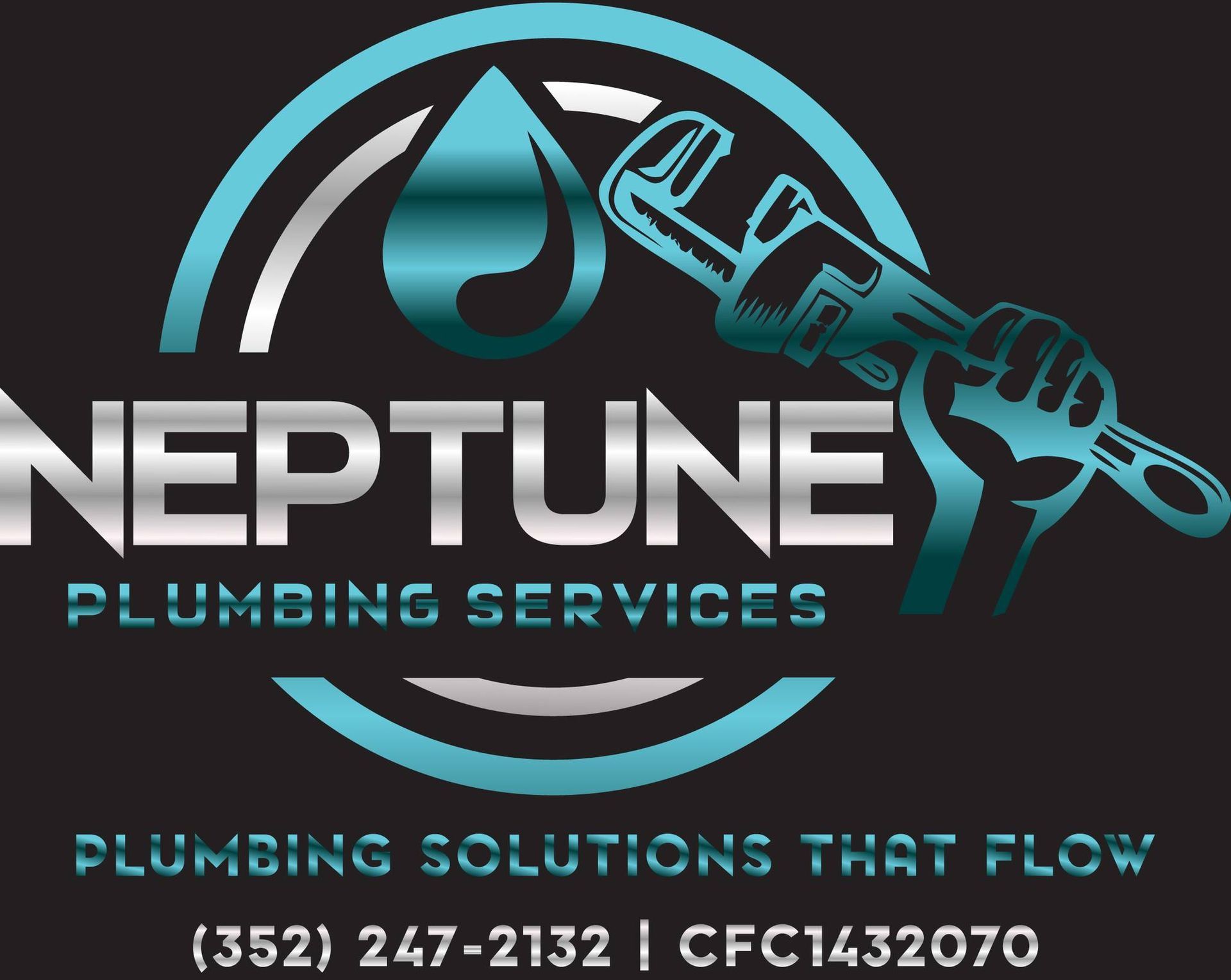 The logo for neptune plumbing services shows a wrench and a drop of water