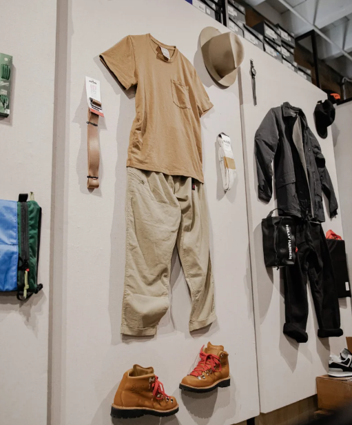Kleding tentoongesteld aan de muur: een bruin shirt en broek, wandelschoenen, een jas, hoed en accessoires.