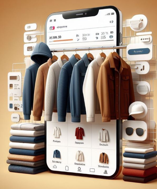 App-interface met kledingopties, inclusief jassen en gevouwen items in stapels. 3D-rendering met een gouden achtergrond.