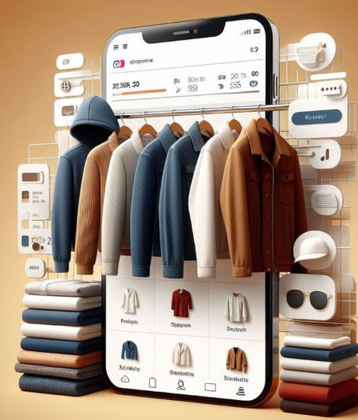 Op een smartphone is een online kledingwinkel te zien met verschillende jassen op een rek en opgevouwen kleding, tegen een bruine achtergrond.