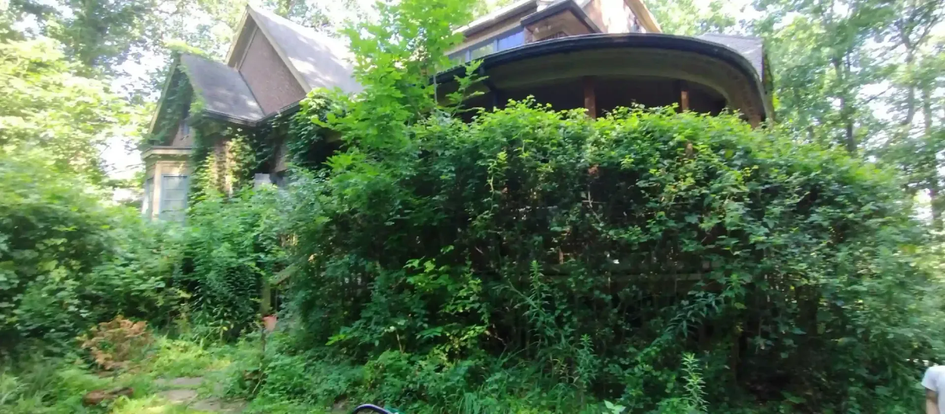 An overgrown, two-story house with a rounded porch nestled among dense green trees and shrubs in a wooded area.