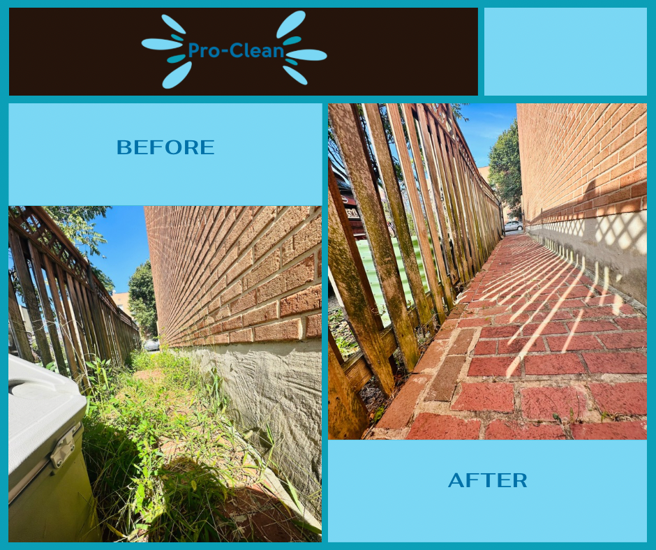 before and after of weed removal from paved walk way