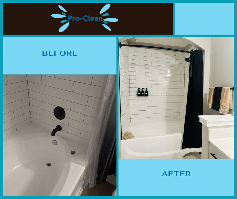 Pro-Clean bathroom transformation: Deep cleaning restores tub & tiles for a spotless, refreshed, and modern look. Book now!