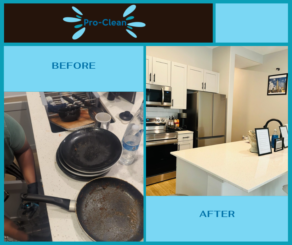 Pro-Clean kitchen transformation: From dirty dishes to spotless surfaces. Get a sparkling clean kitchen with our services!