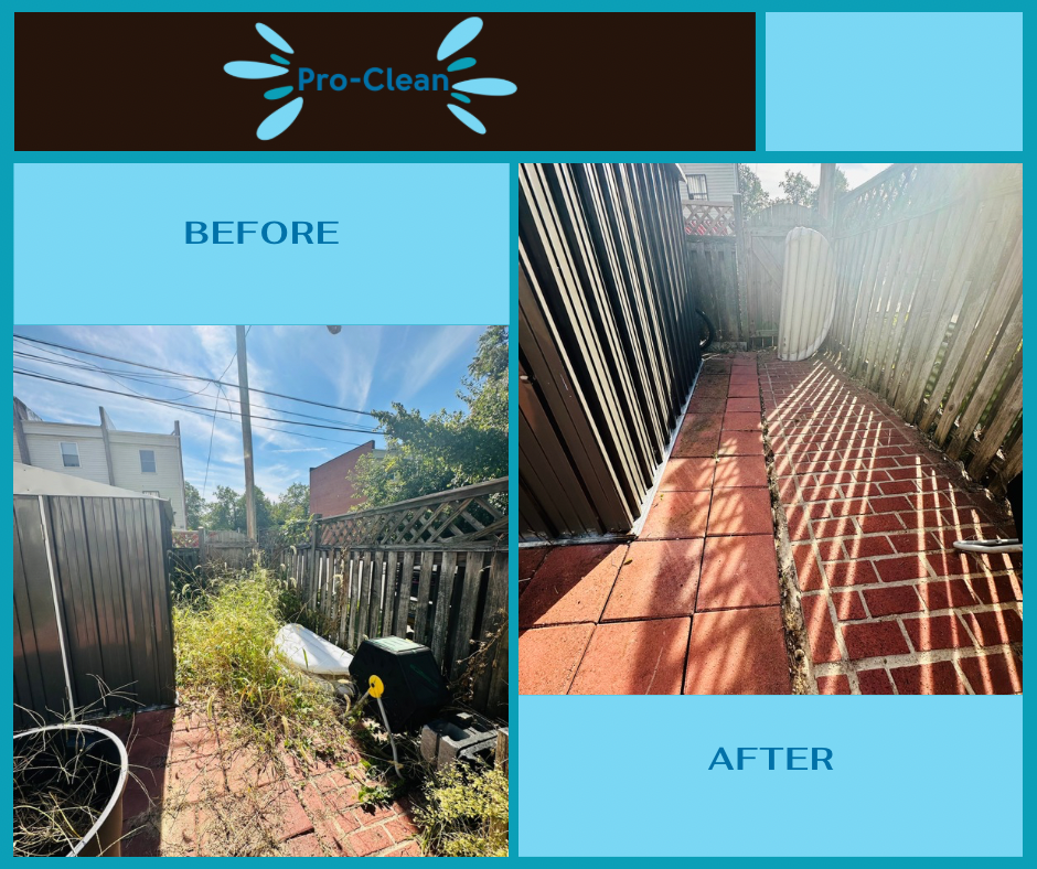 before and after of weed and vegetation removal and reorganizing of a paved back yard