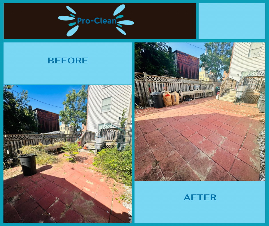 before and after of weed and vegetation removal of a paved back yard
