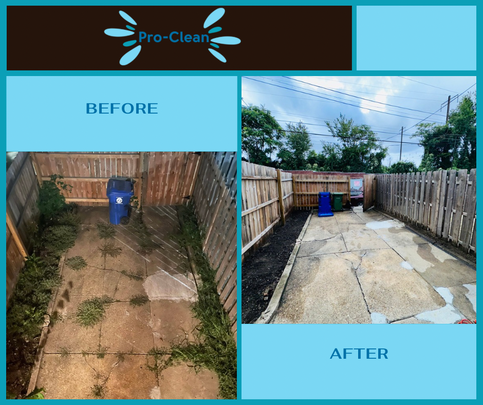 before and after weed removal on concrete overlayed backyard