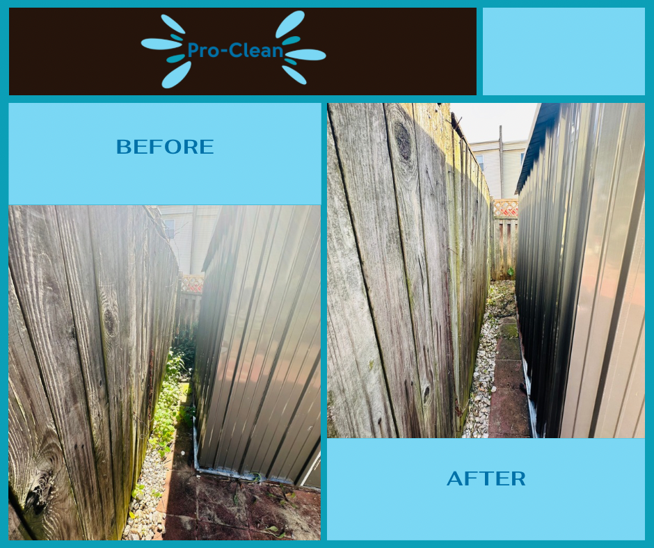 before and after of weed removal from behind back yard shed
