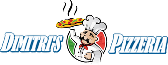 The logo for dimitris pizzeria shows a chef holding a pizza on his head.