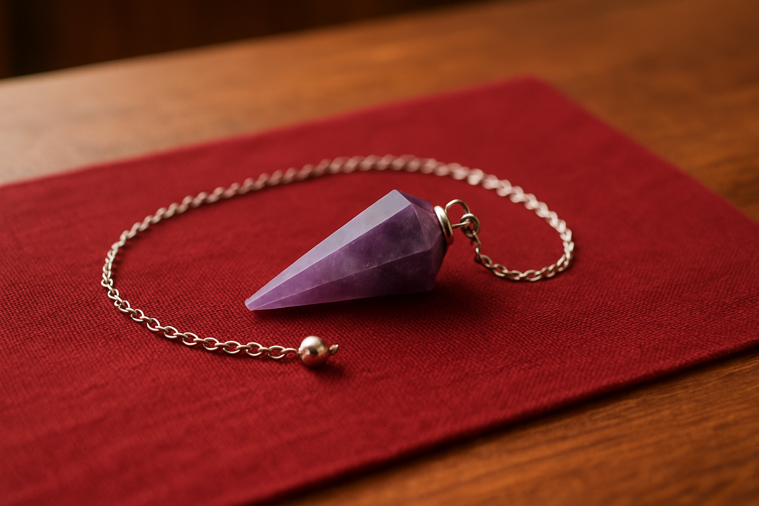 Amethyst crystal pendulum on a chain.