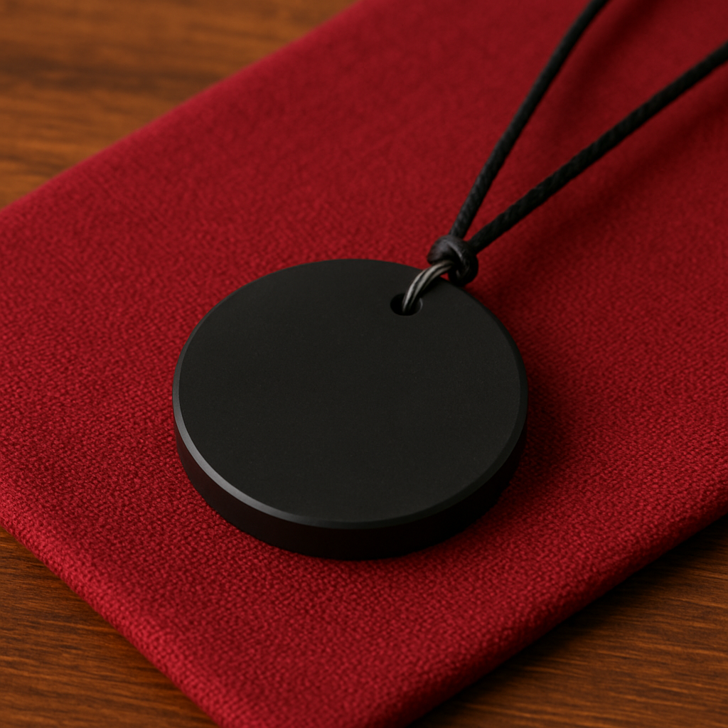 Black circular shungite pendant on a red cloth with a black cord.