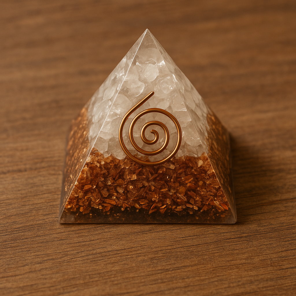 A small, layered pyramid with copper wire spiral on top. The base is copper shavings, the top is clear with white crystals.