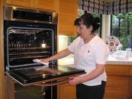 A woman is cleaning an oven with a cloth