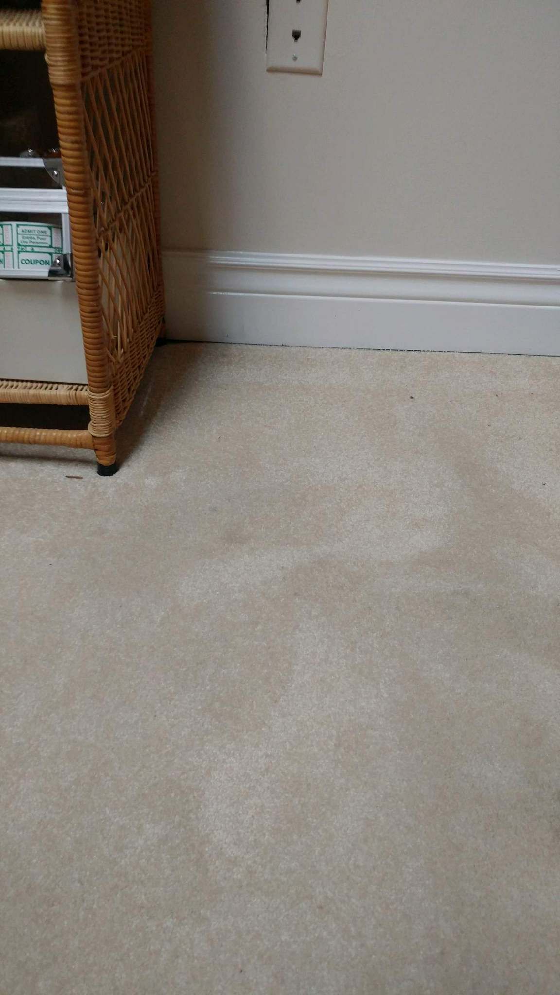 A wicker shelf is sitting next to a carpeted floor in a living room.