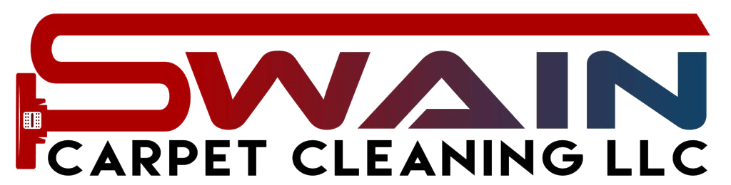 The logo for swain carpet cleaning llc is red and blue.