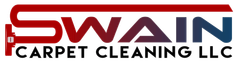 The logo for swain carpet cleaning llc is red and blue.