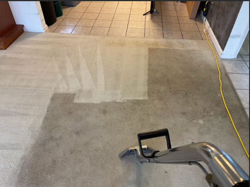A vacuum cleaner is cleaning a carpet in a living room.