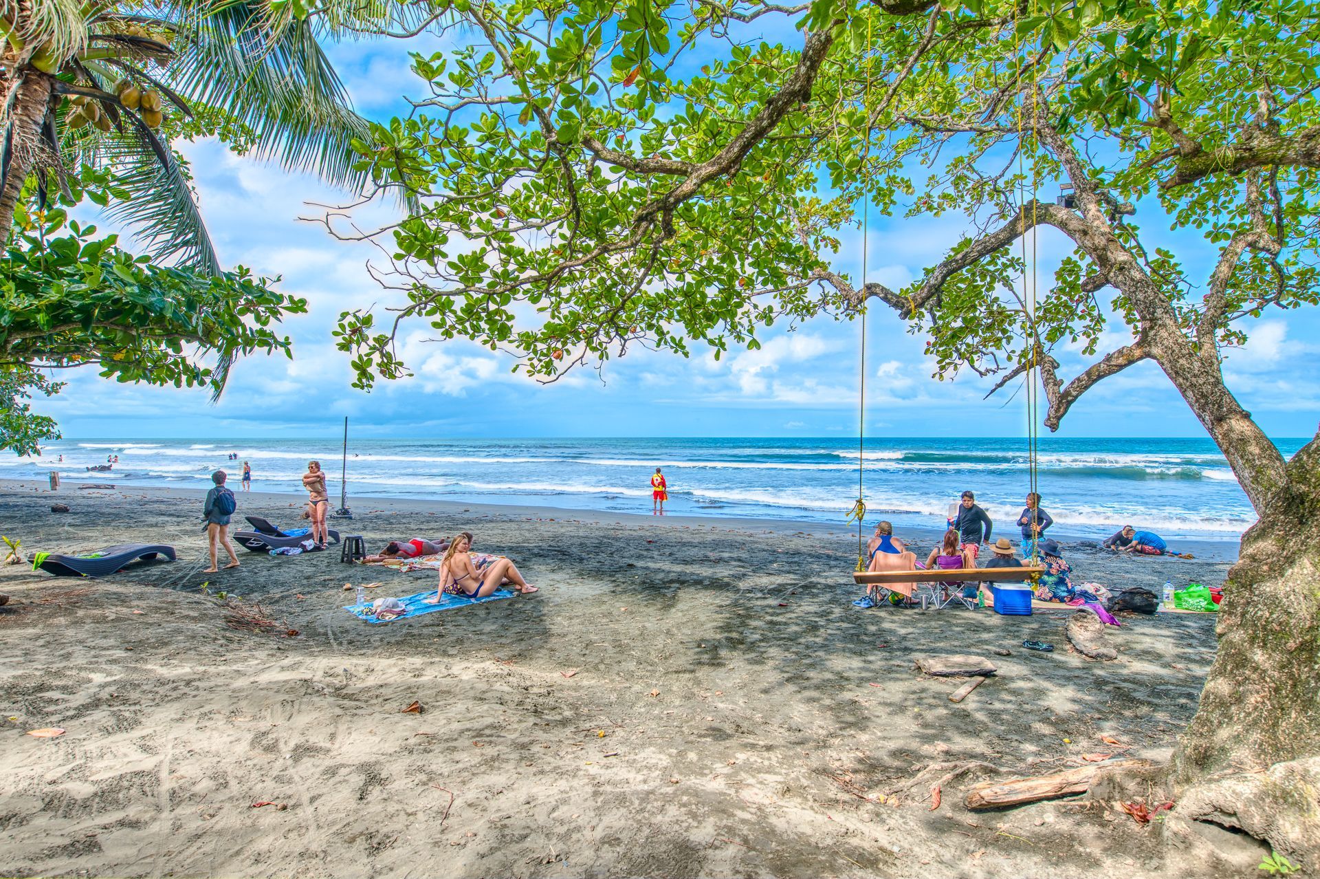 A group of people are sitting on a beach under a tree.
