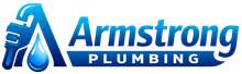 Logo for Armstrong Plumbing featuring a stylized blue letter A incorporating a wrench and a water drop.