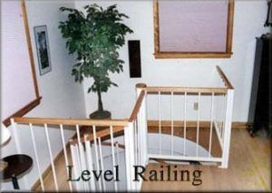 A picture of a staircase with the words level railing above it