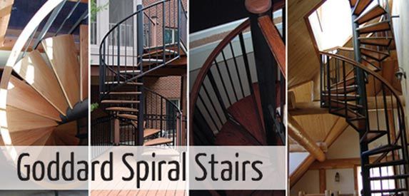 A collage of spiral stairs with the words goddard spiral stairs
