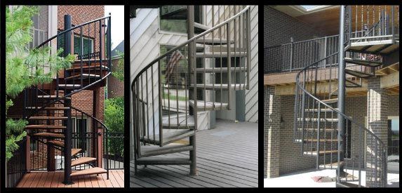 Three pictures of different types of spiral stairs