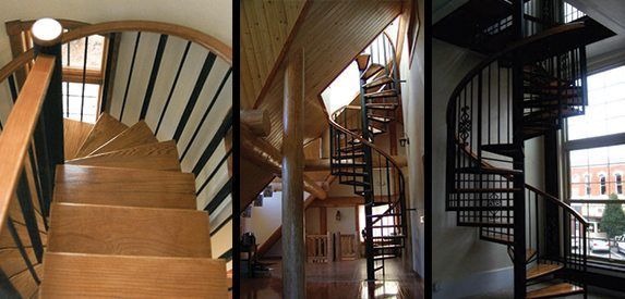 A collage of three pictures of different types of spiral staircases.