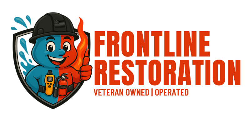 Orange and Blue Character that resembles Water and Fire. With Orange Text that reads Frontline Restoration Veteran Owned | Operated