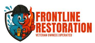 Orange and Blue Character that resembles Water and Fire. With Orange Text that reads Frontline Restoration Veteran Owned | Operated
