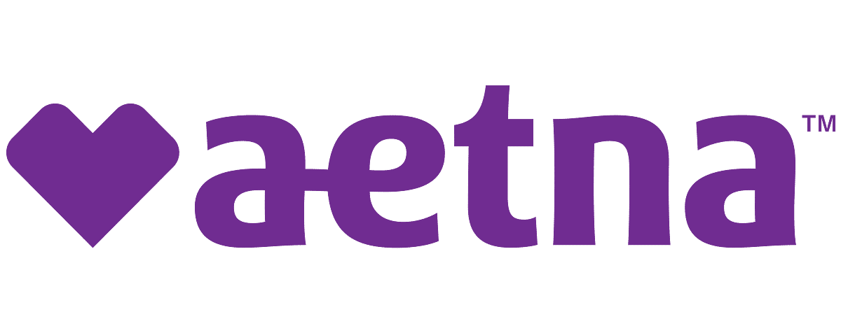 The aetna logo is purple with a heart in the middle.