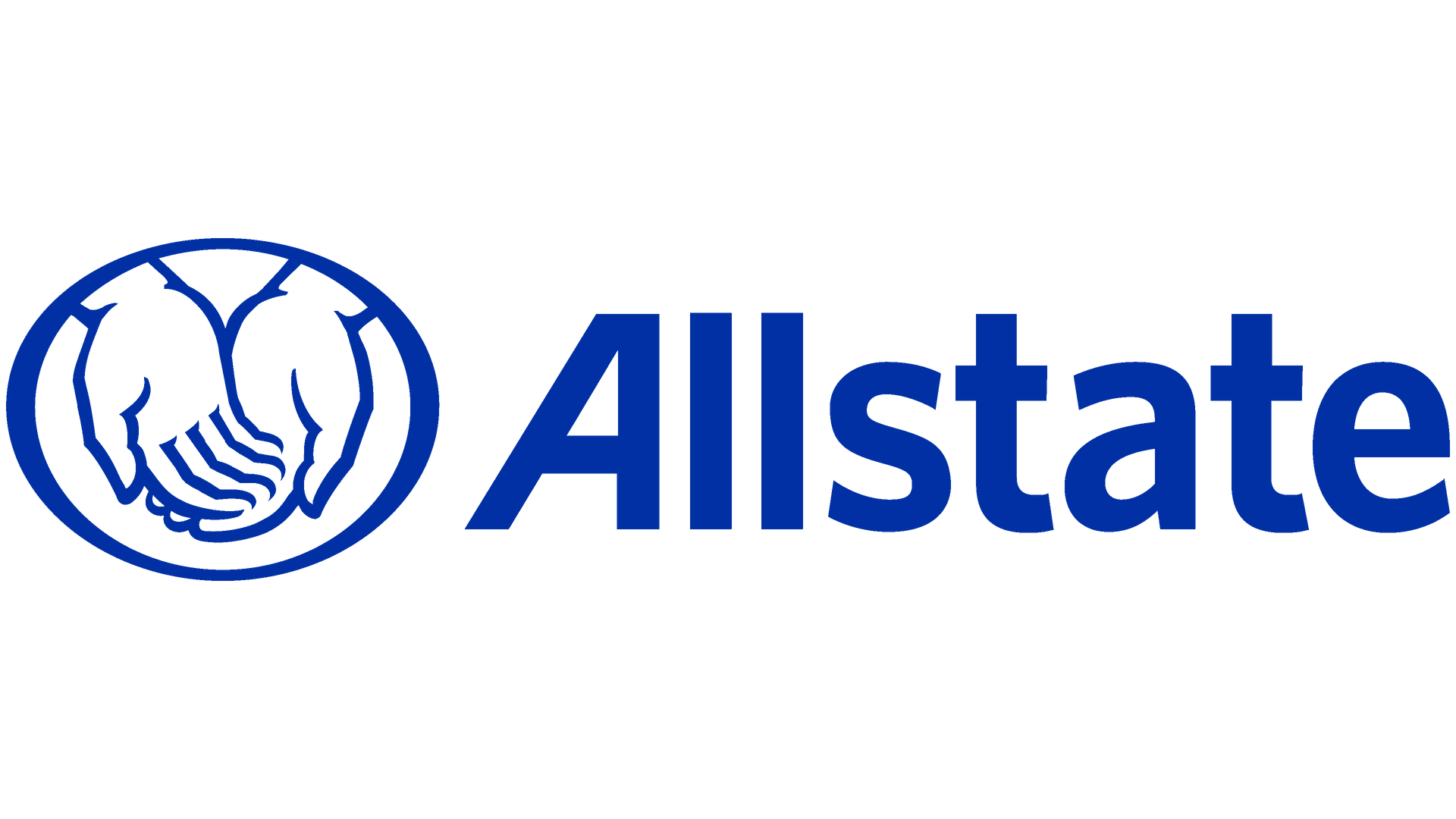 The allstate logo is blue and has two hands shaking each other.