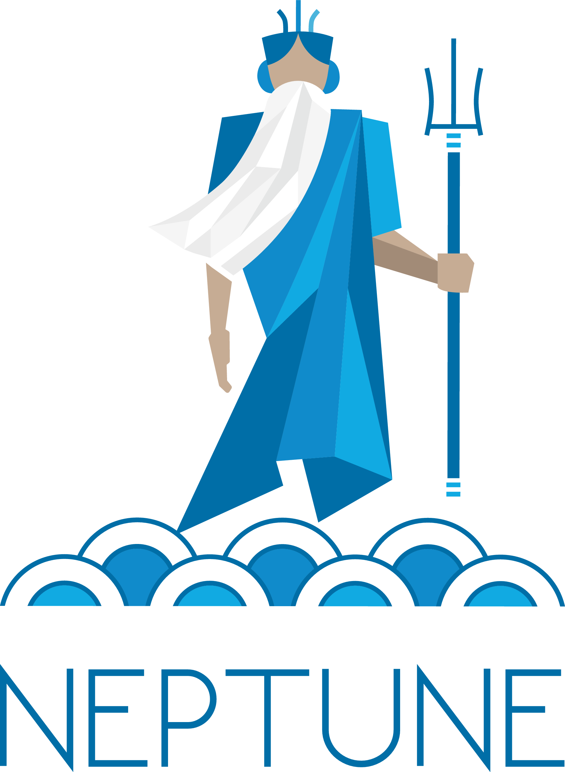 The logo for neptune shows a man in a blue robe holding a trident