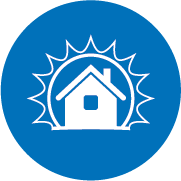 A house is surrounded by a sun in a blue circle.