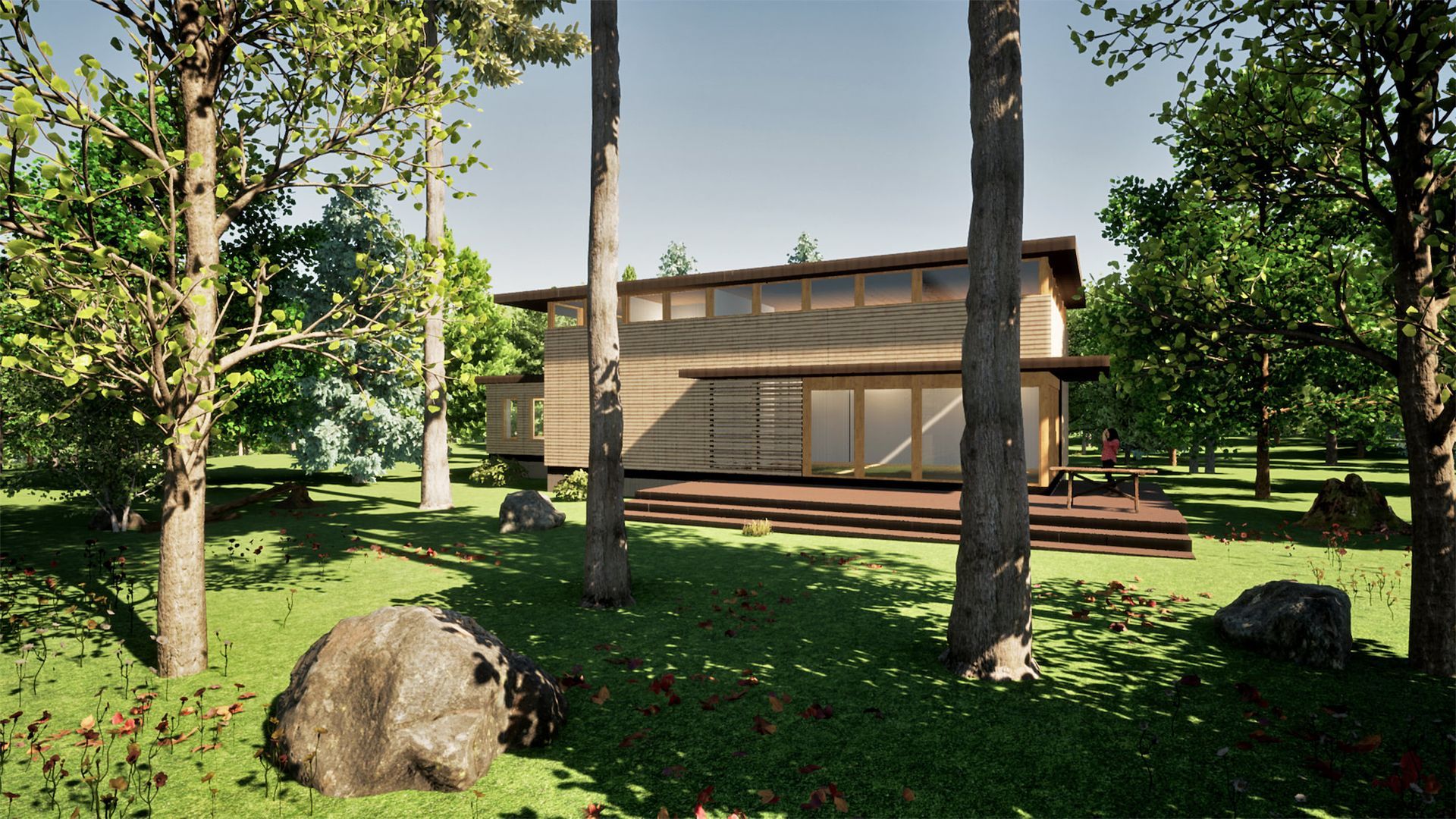 a house is surrounded by trees and grass in the middle of a forest .