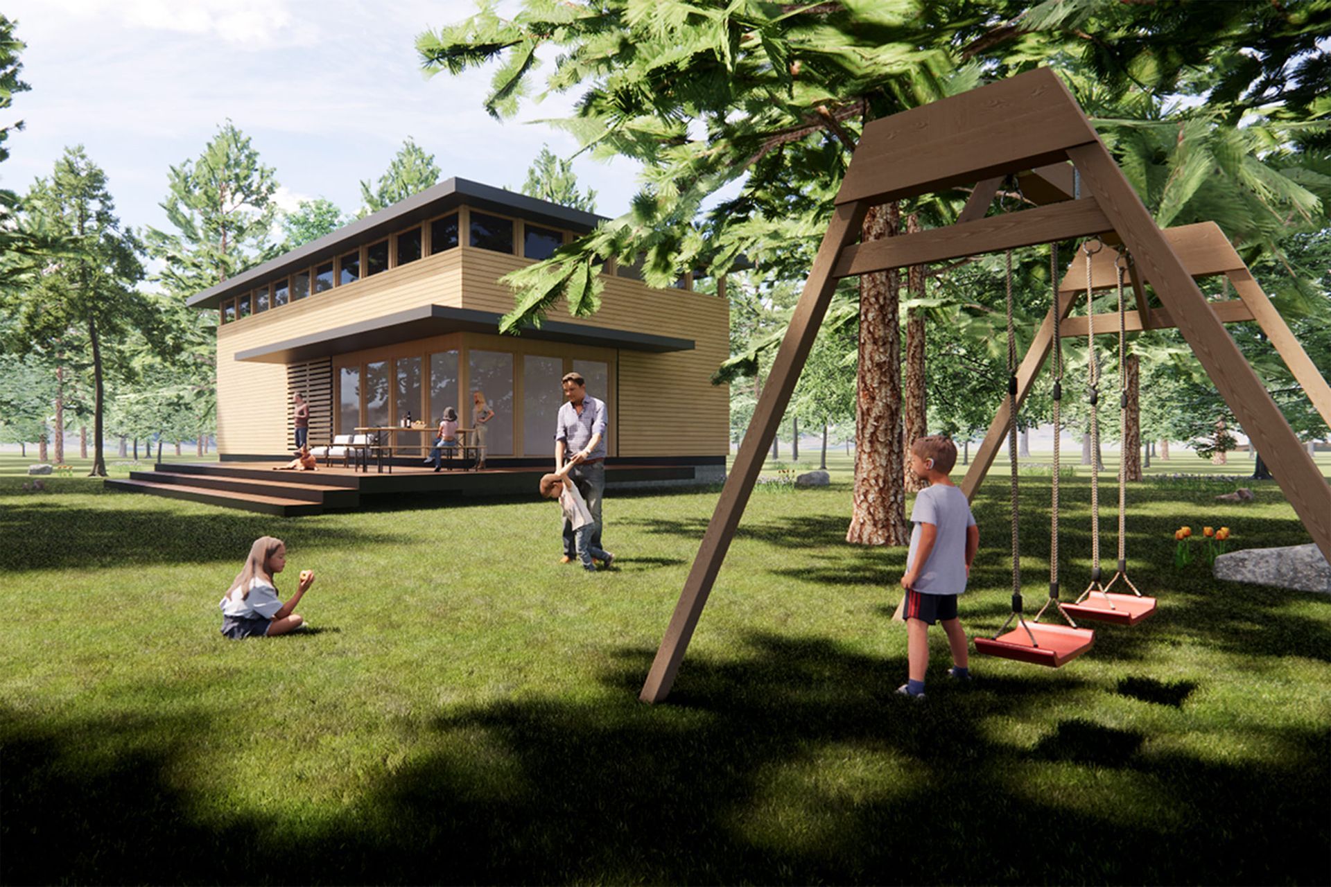 a man and two children are playing in a playground in front of a house .