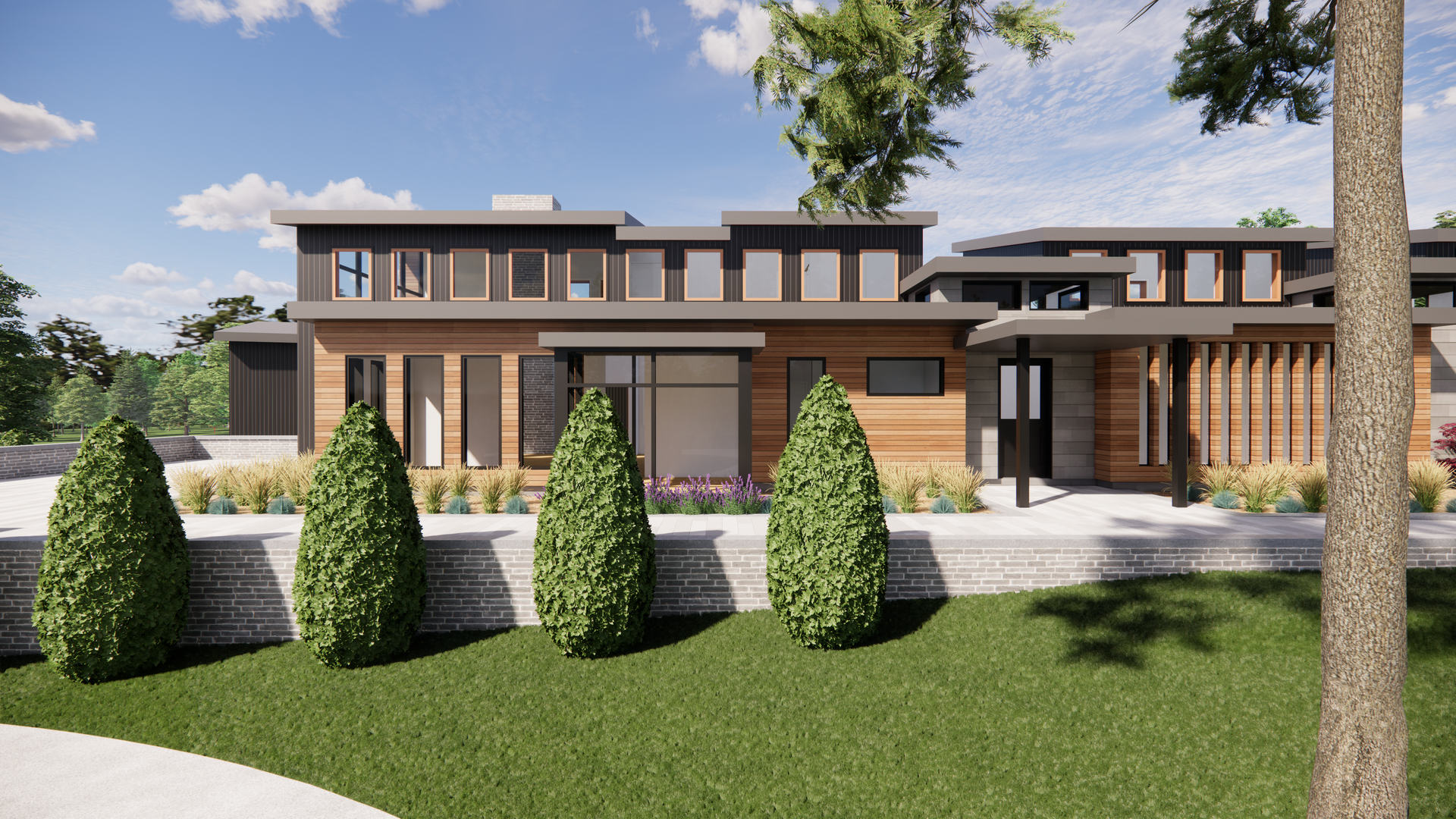 A rendering of a modern house with a lot of windows and trees in front of it.