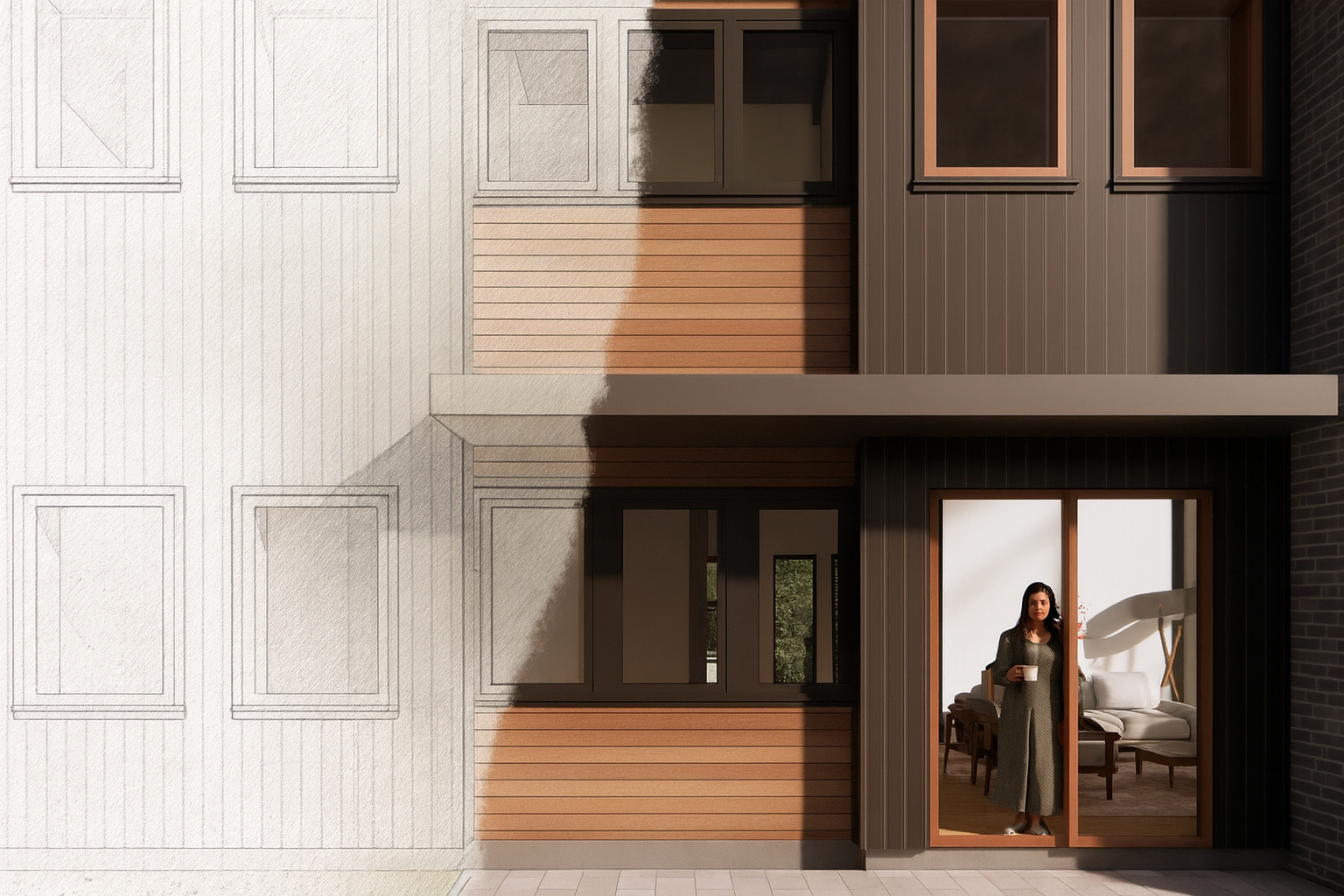 An artist 's impression of a living room and dining room