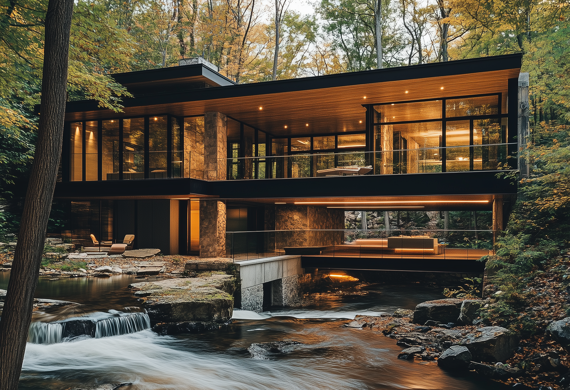 A house with a bridge over a river in the woods