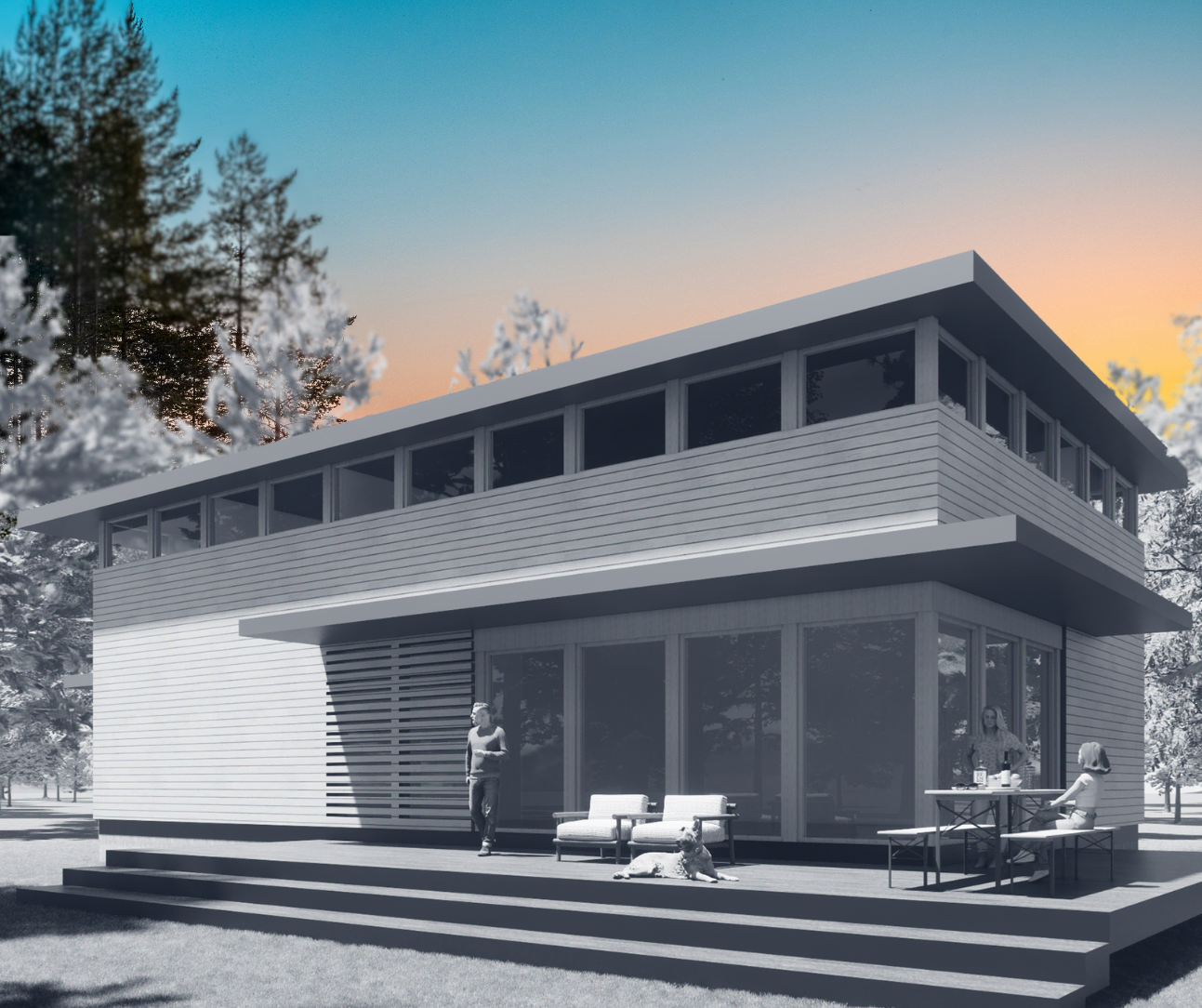 A black and white photo of a house with a sunset in the background