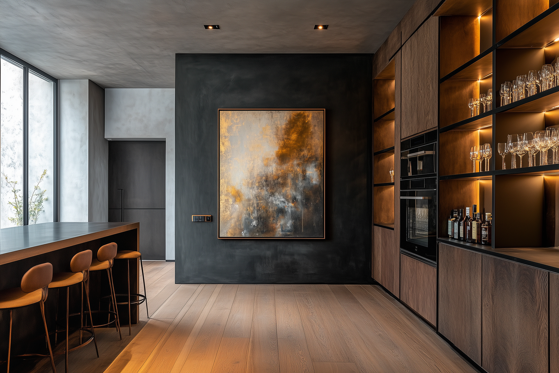 A large painting is hanging on a wall in a kitchen.