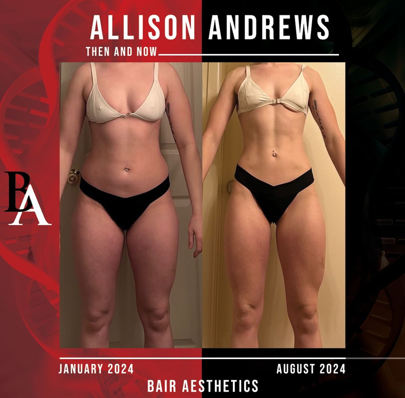 A before and after photo of a woman named allison andrews