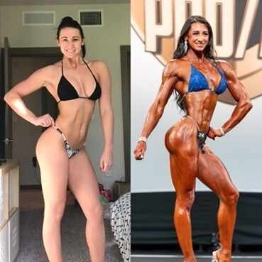 A woman in a bikini is standing next to a bodybuilder in a bikini