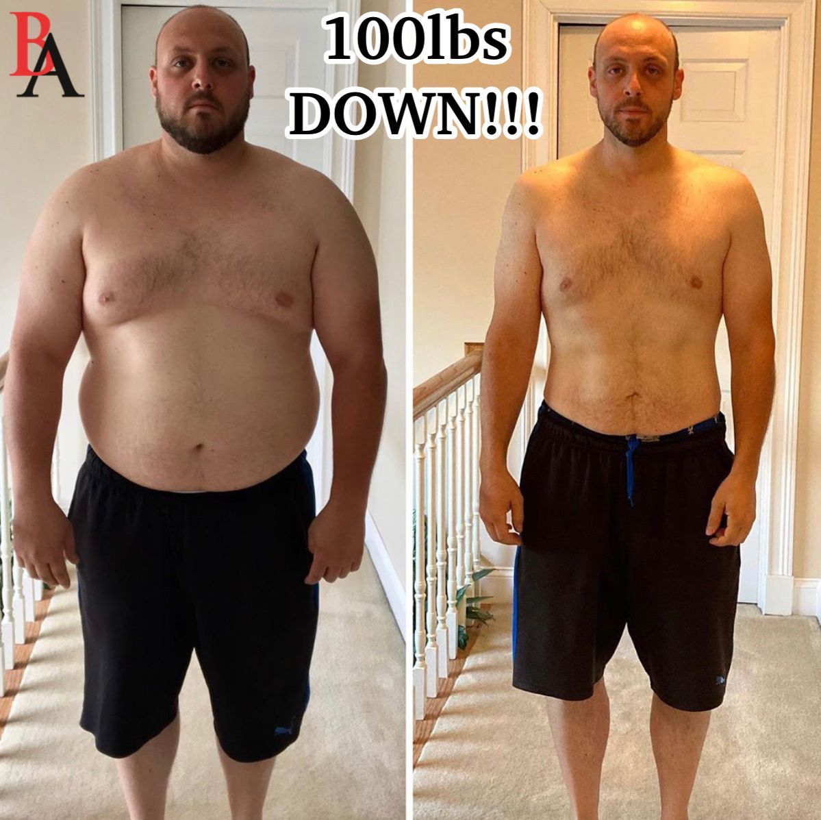 A man is shown before and after losing 100 lbs