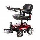 Red motorized wheelchair with black seat, armrests, and footrest.