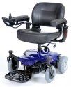Blue electric wheelchair with a black seat and joystick control.
