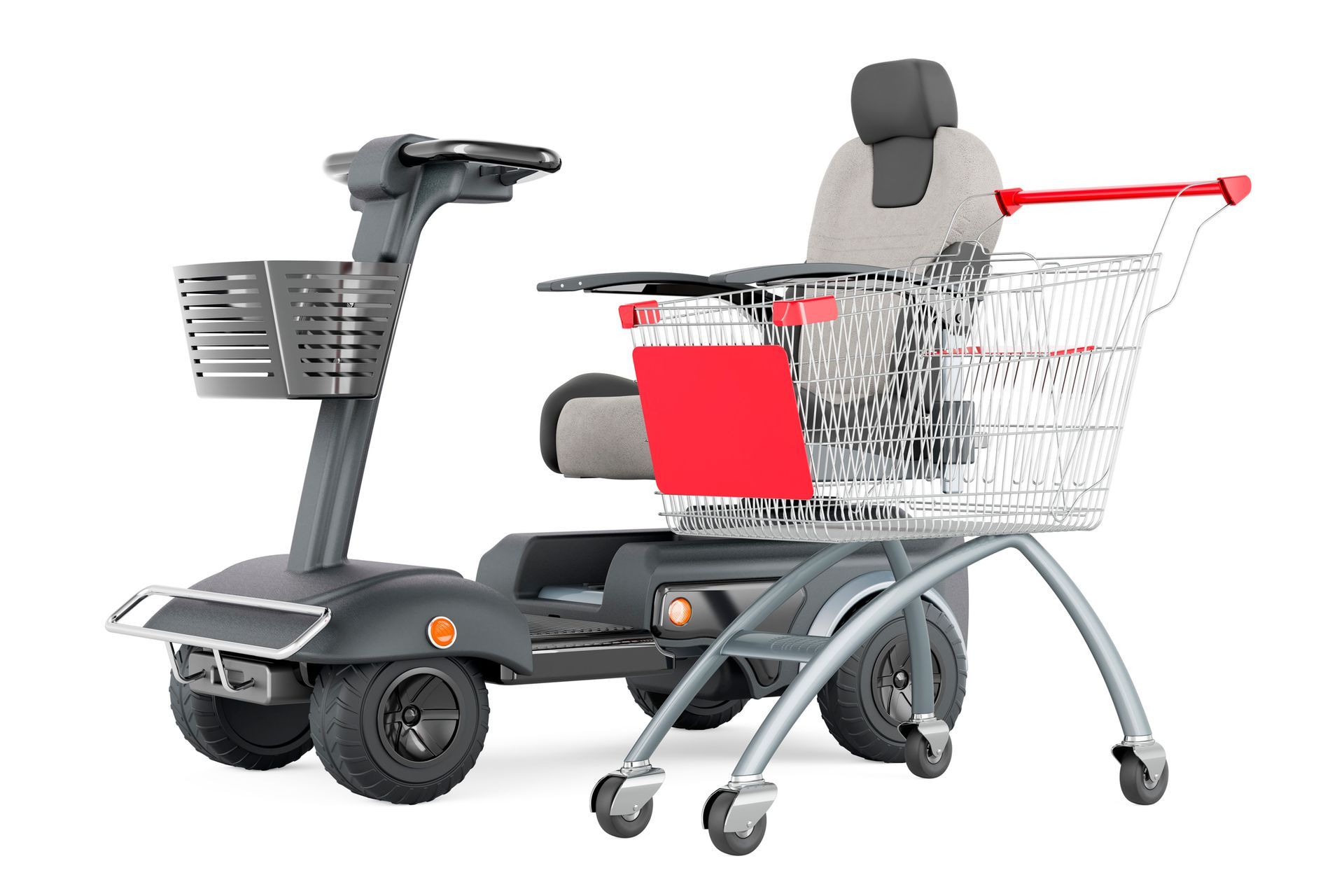 Power wheelchair retail model with attached shopping cart for mobility in stores. Power wheelchair retail model with attached shopping cart for mobility in stores.