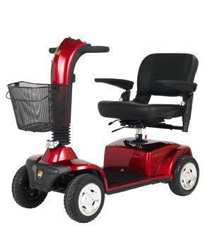 Red mobility scooter with black seat and basket.