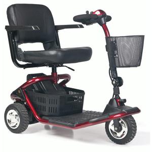 Red three-wheeled mobility scooter with a seat, basket, and handlebars.