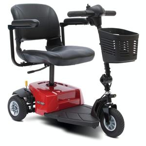 Red and black mobility scooter with basket and three wheels.